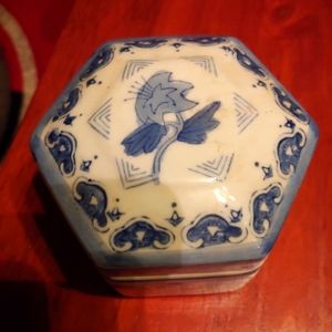 Vintage blue and white flowered hexagon porcelain trinket box